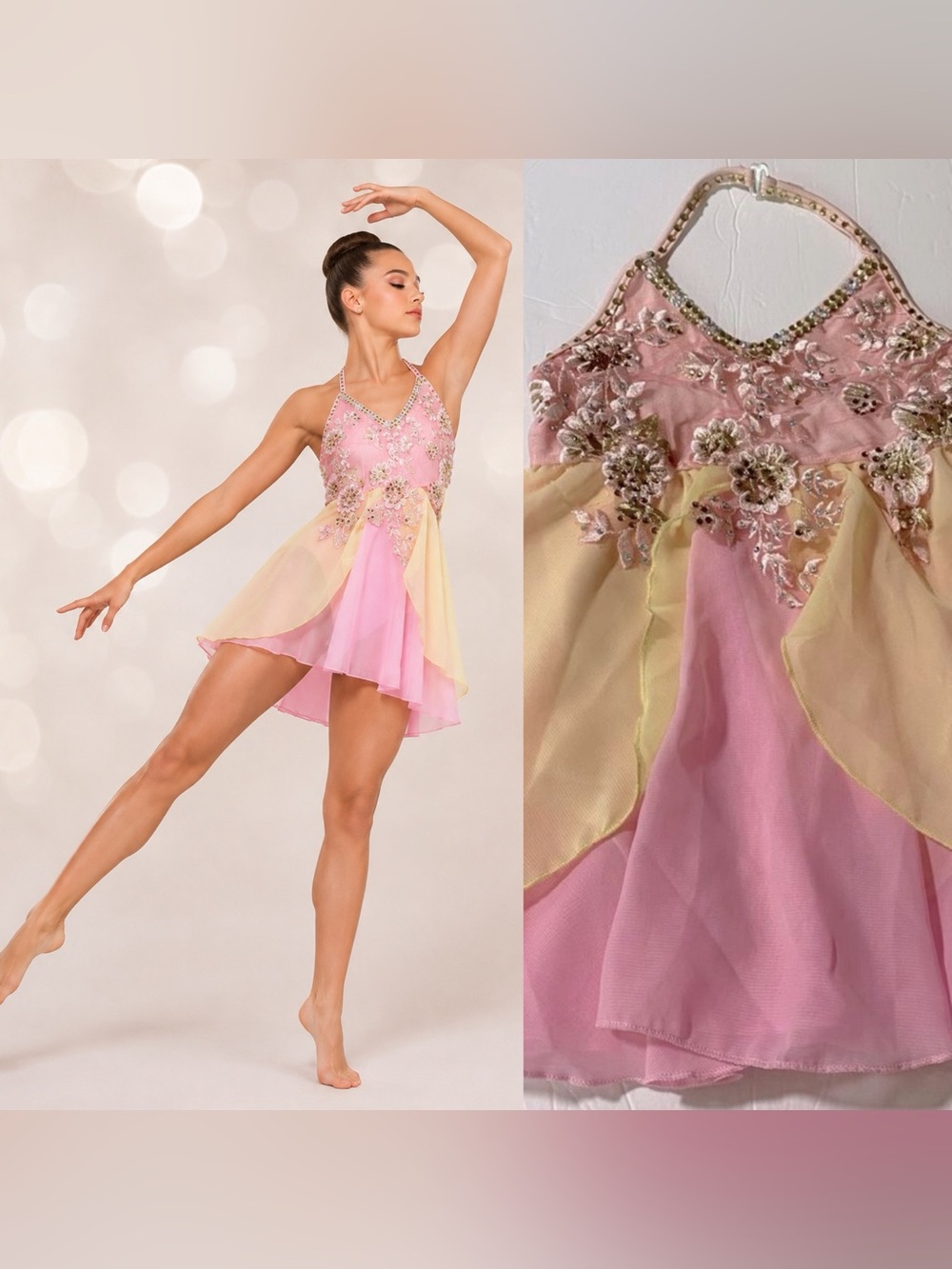 Glamour solo dance costume pink yellow lyrical rhinestone dress small child SC